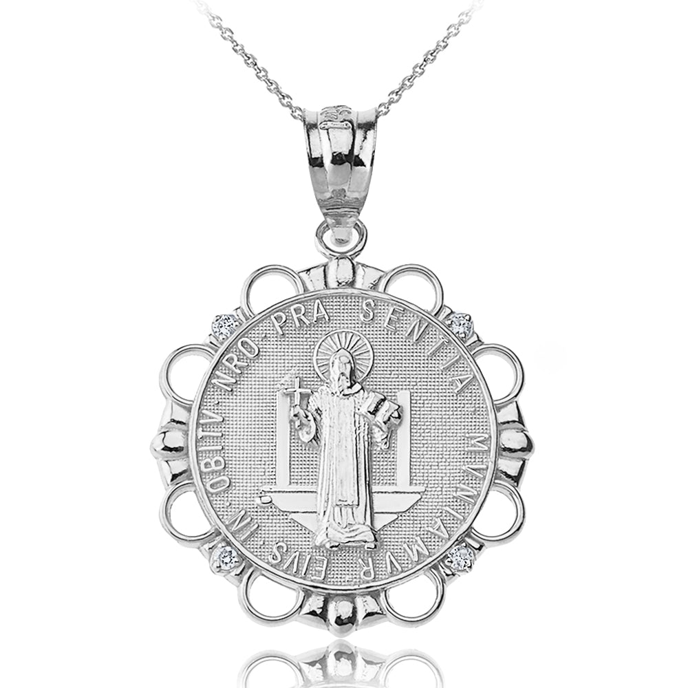 Sterling Silver CZ Saint Benito Circle Pendant Necklace