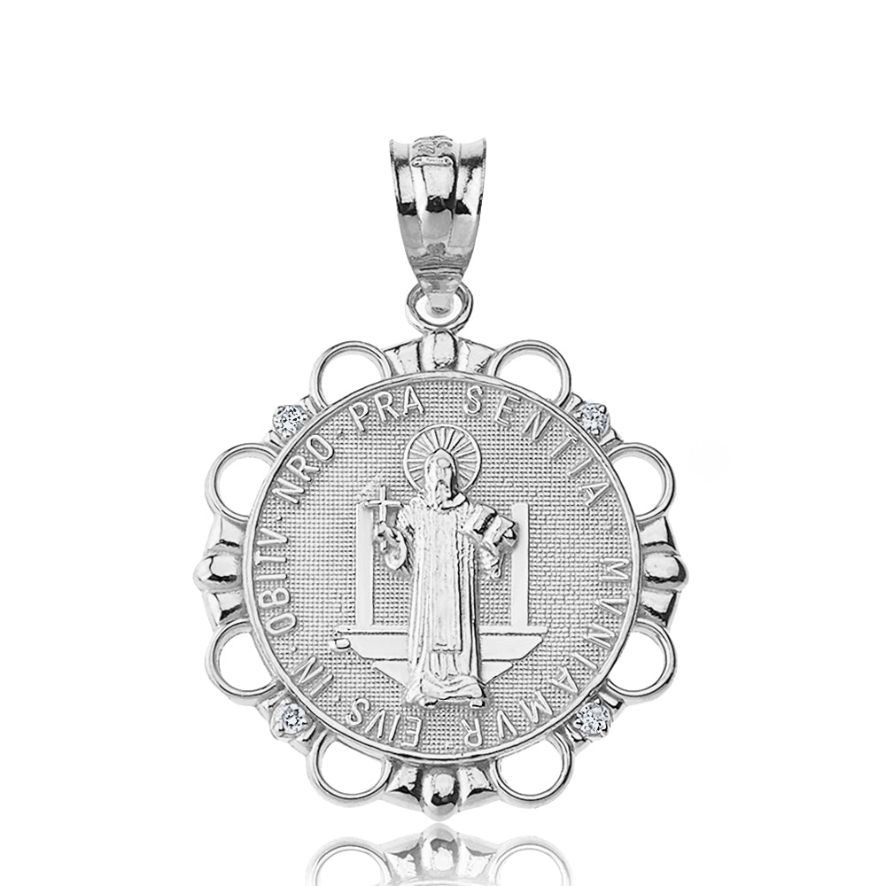 Sterling Silver CZ Saint Benito Circle Pendant Necklace, view 2