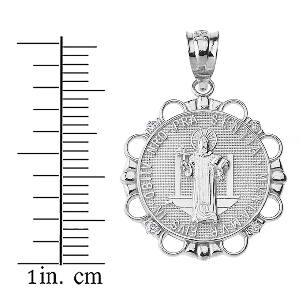 Sterling Silver CZ Saint Benito Circle Pendant Necklace, view 3