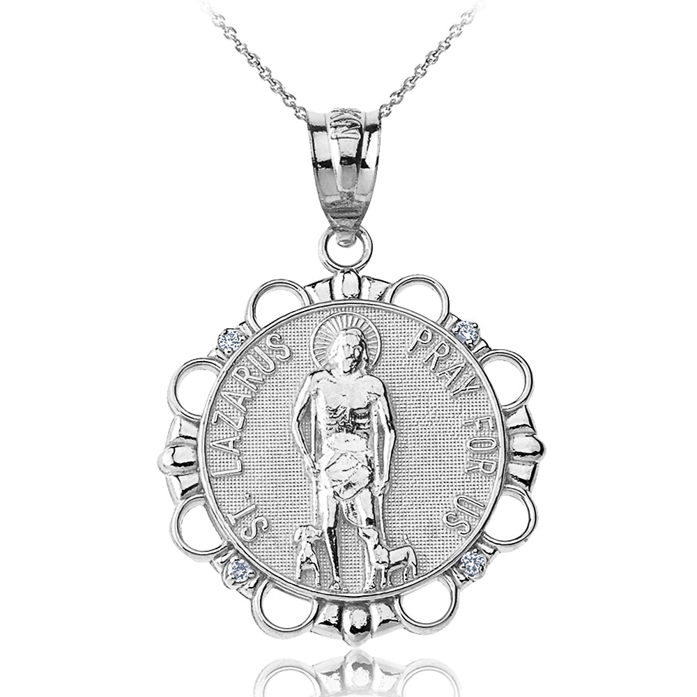 Sterling Silver CZ Saint Lazarus Pray for Us Circle Pendant Necklace