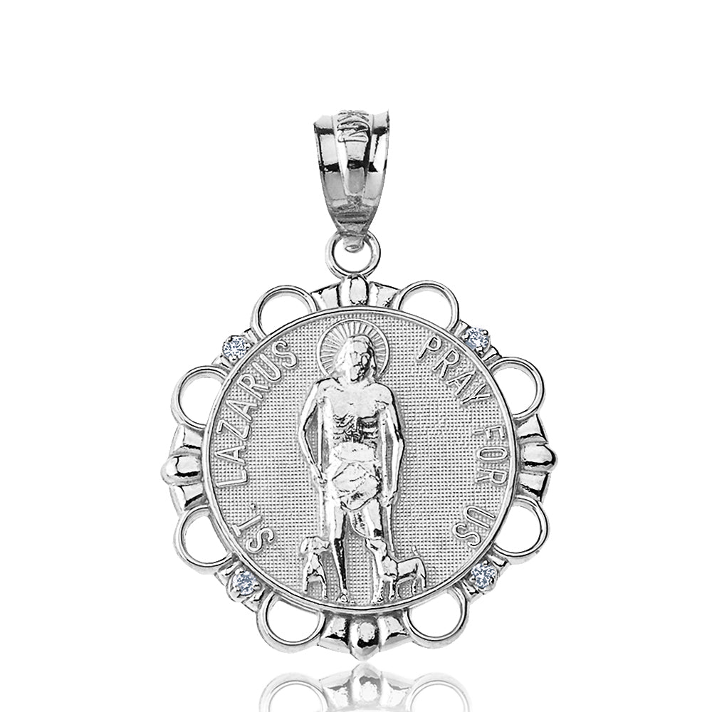 Sterling Silver CZ Saint Lazarus Pray for Us Circle Pendant Necklace, view 2