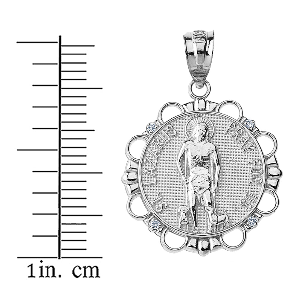 Sterling Silver CZ Saint Lazarus Pray for Us Circle Pendant Necklace, view 3