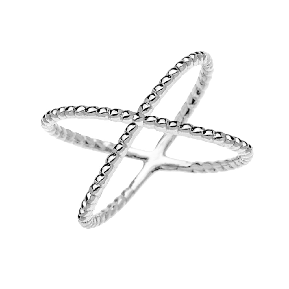 Sterling Silver Dainty Beaded Criss Cross Ring