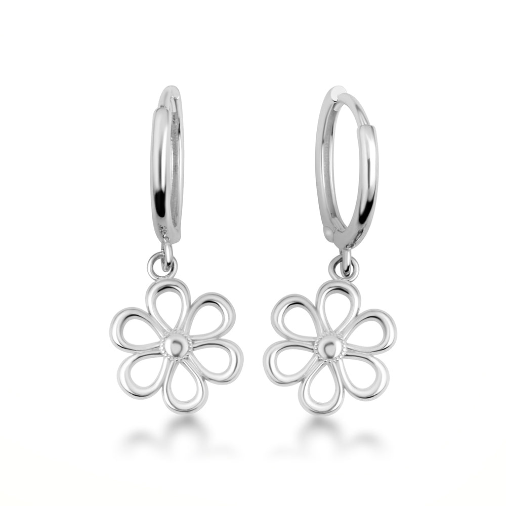 Sterling Silver Daisy Flower Drop Huggie Hoop Earrings