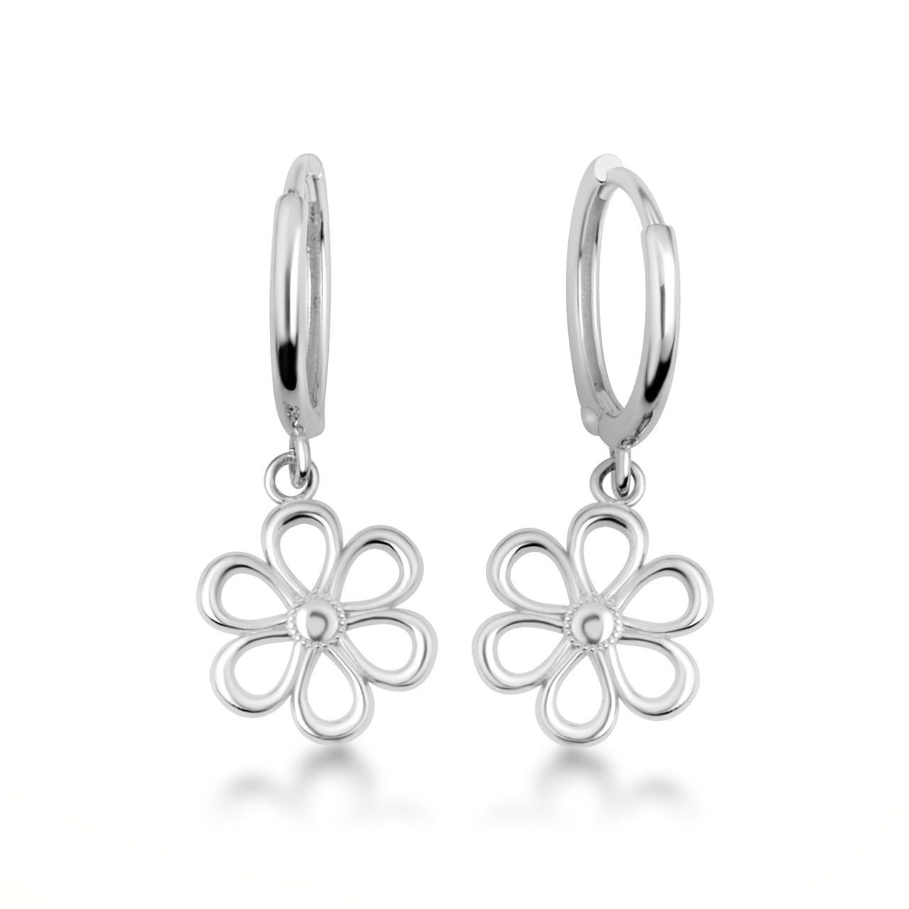 Sterling Silver Daisy Flower Drop Huggie Hoop Earrings