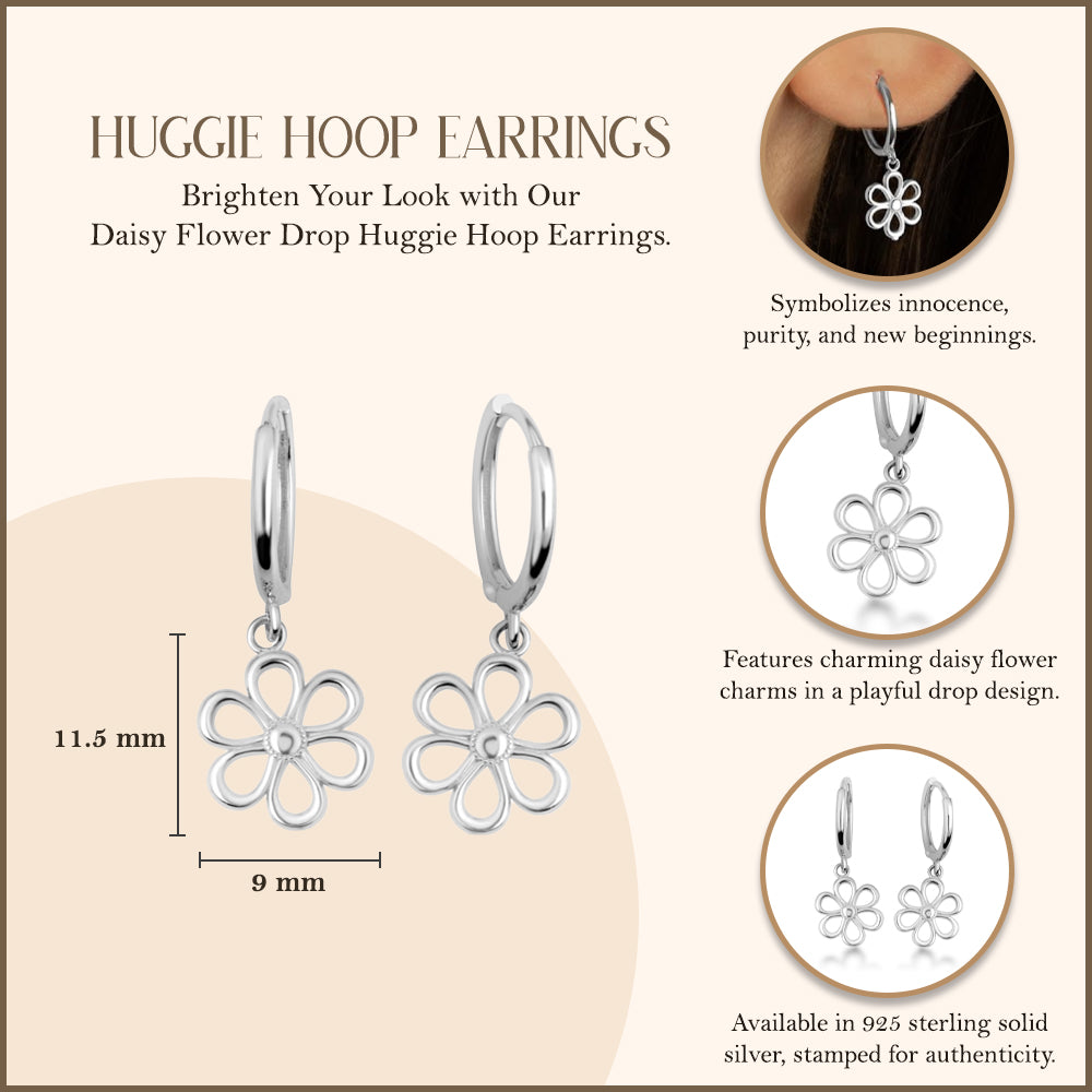 Sterling Silver Daisy Flower Drop Huggie Hoop Earrings, view 3