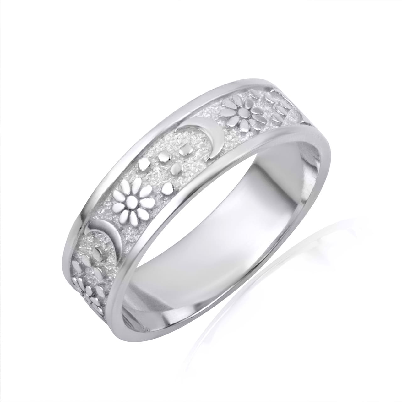 Sterling Silver Daisy Flower Moon Textured Band Ring