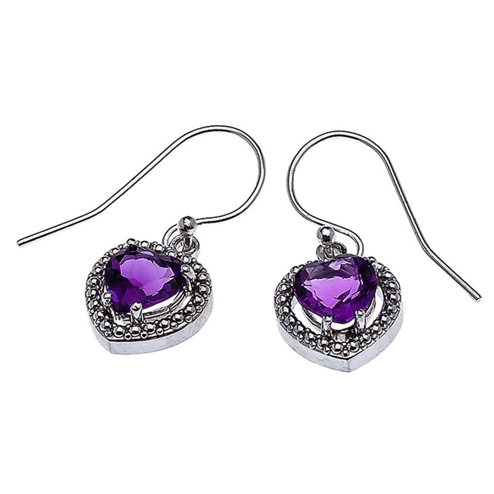 Sterling Silver Dangling Amethyst Heart Earrings