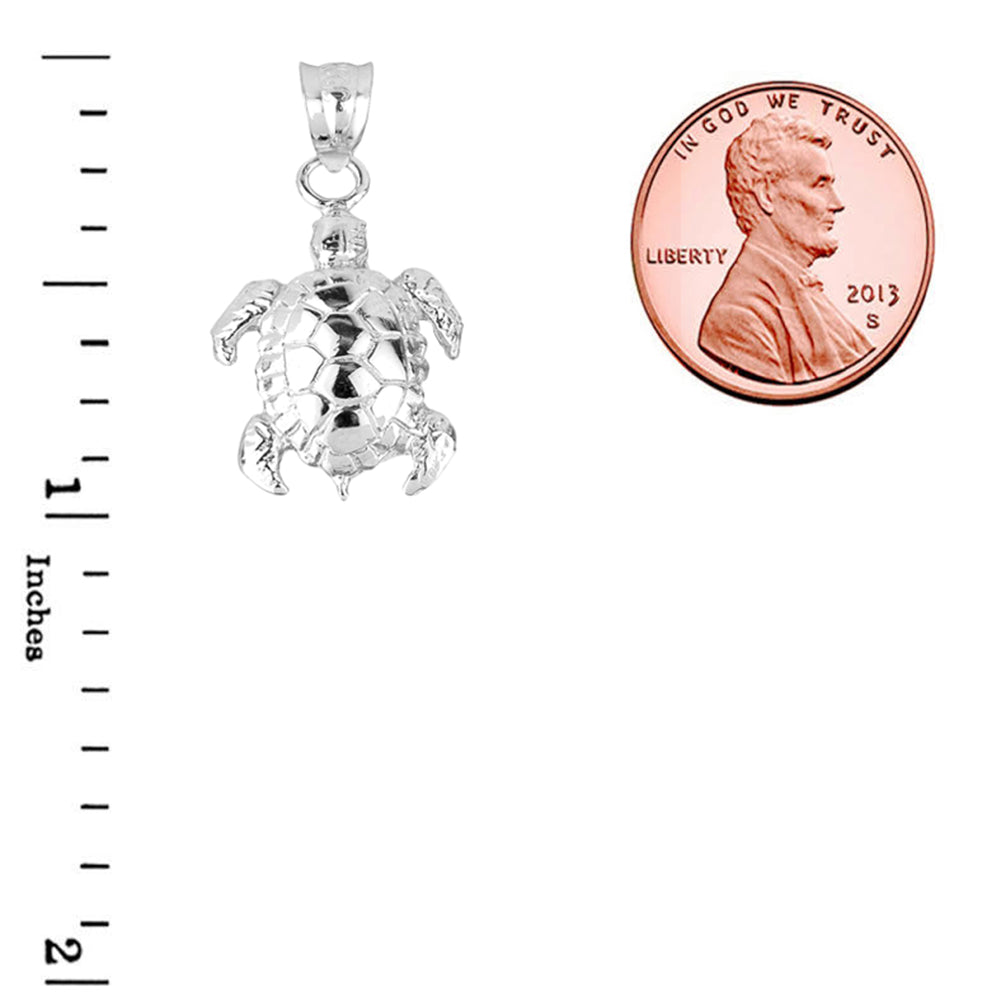 Sterling Silver Detailed Shell Turtle Charm Pendant Necklace, view 3