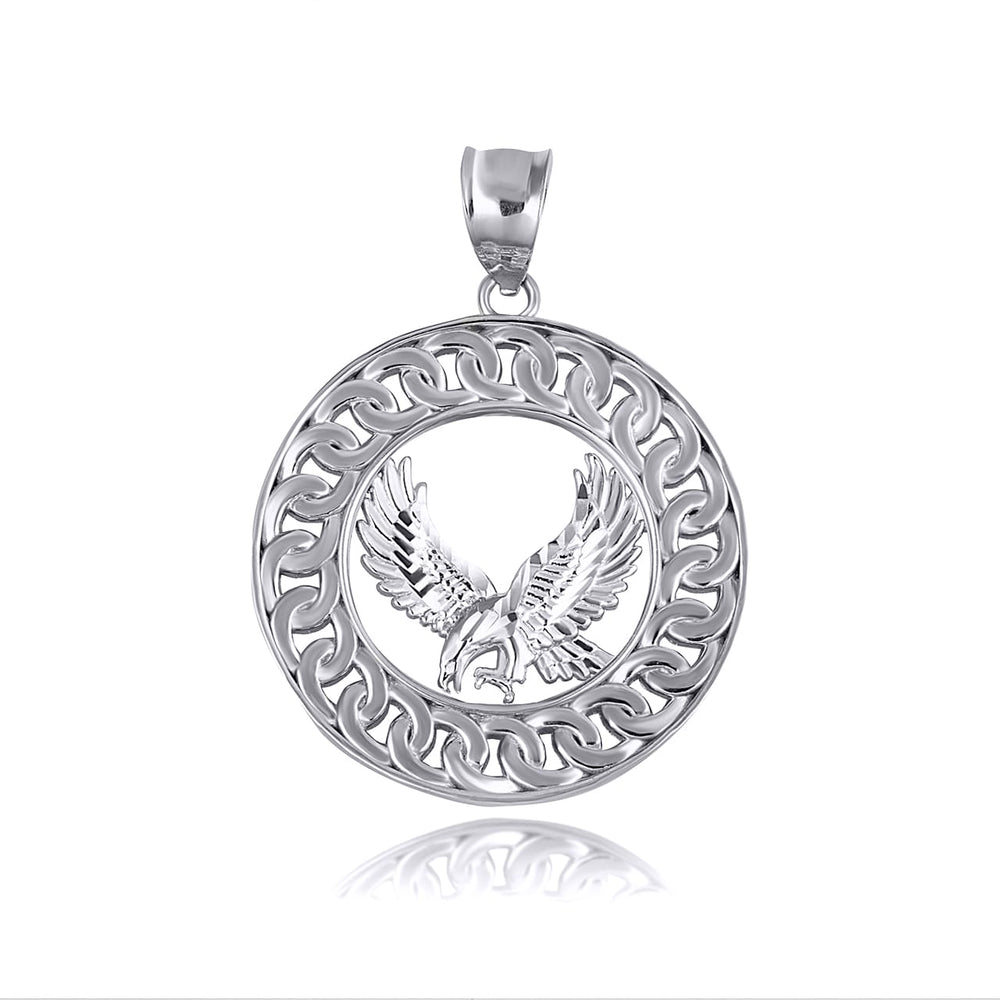 Sterling Silver Diamond Cut American Eagle Cuban Link Round Pendant Necklace