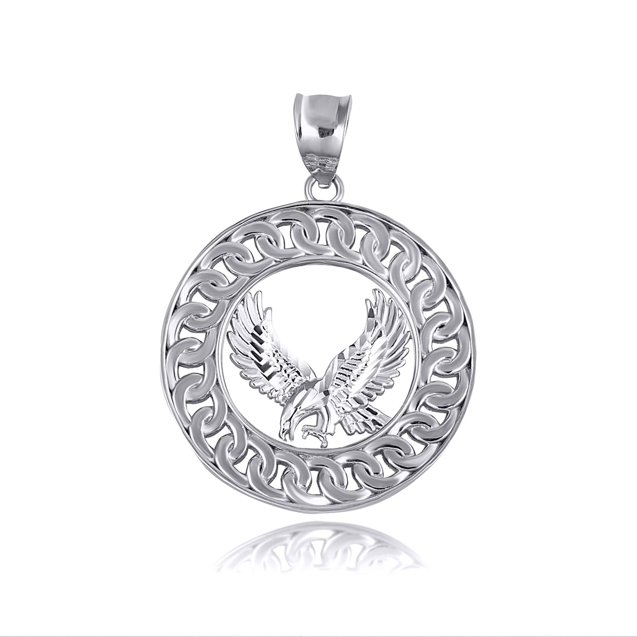 Sterling Silver Diamond Cut American Eagle Cuban Link Round Pendant Necklace