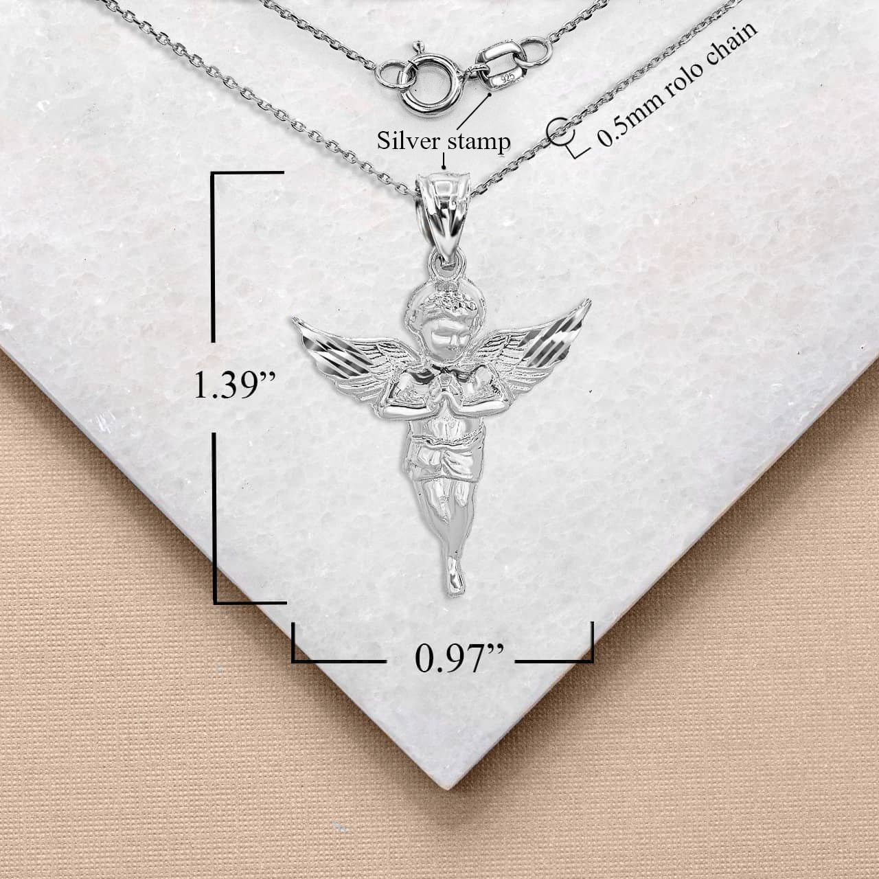 Sterling Silver Diamond Cut Cherub Angel Pendant Necklace, view 3
