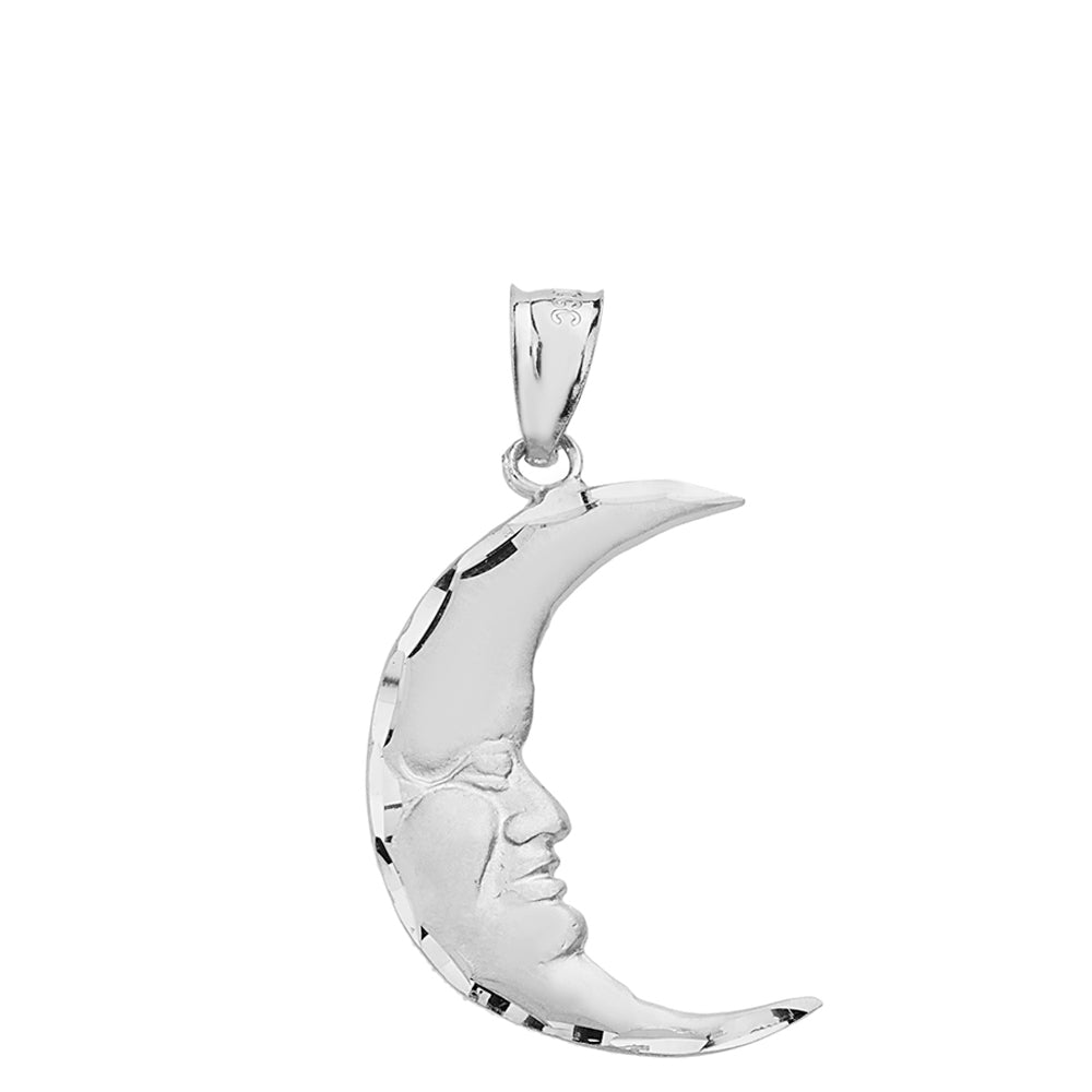 Sterling Silver Diamond Cut Crescent Moon Face Pendant Necklace, view 2