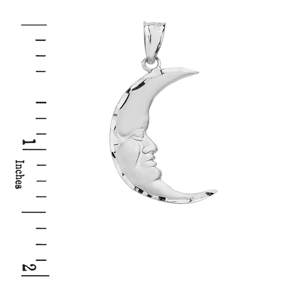 Sterling Silver Diamond Cut Crescent Moon Face Pendant Necklace, view 3