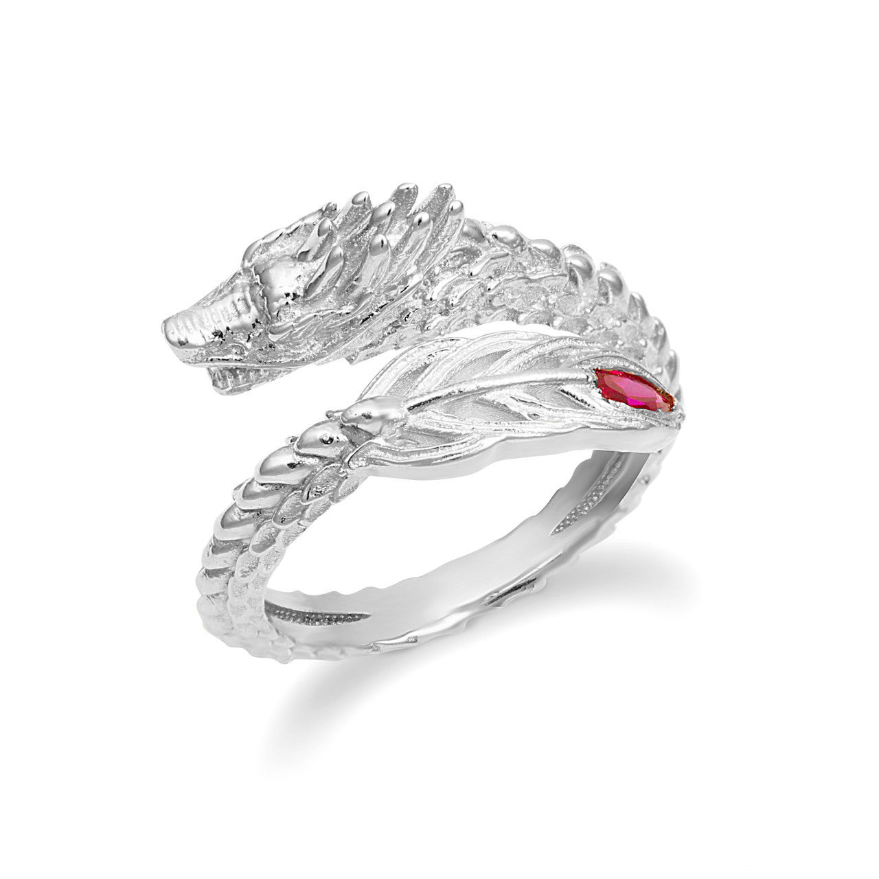Sterling Silver Diamond Cut Dragon Tail Ruby Birthstone Band Ring