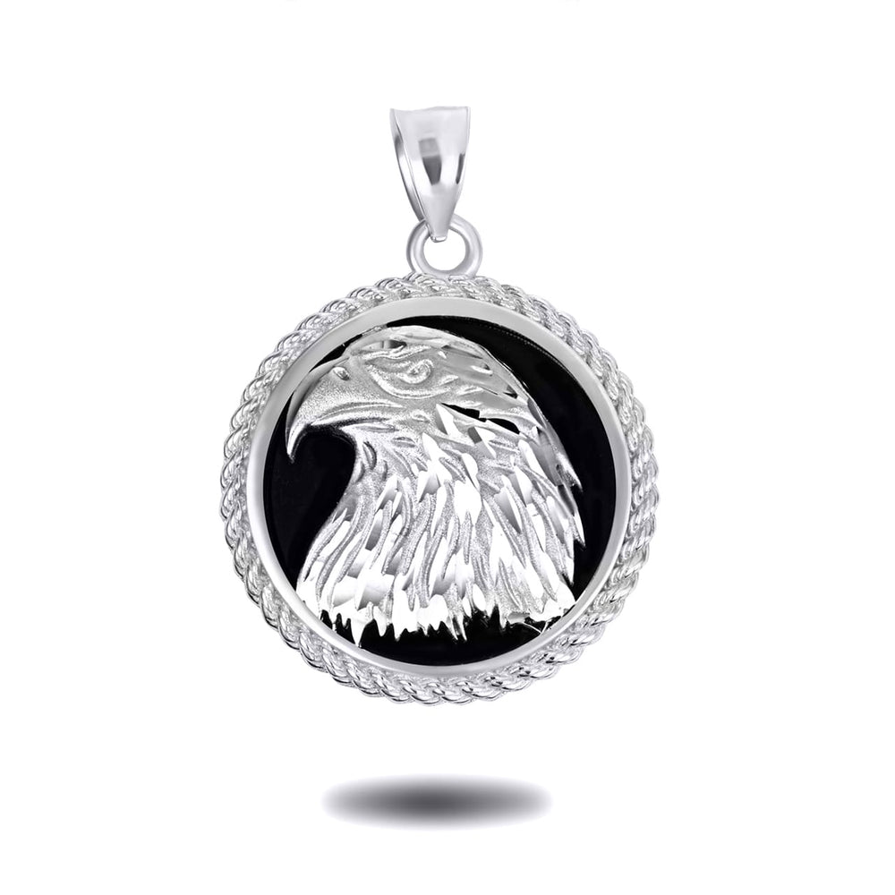 Sterling Silver Diamond Cut Eagle Black Onyx Rope Medallion Pendant Necklace