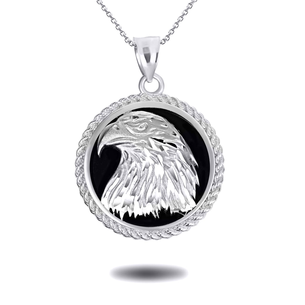 Sterling Silver Diamond Cut Eagle Black Onyx Rope Medallion Pendant Necklace, view 4