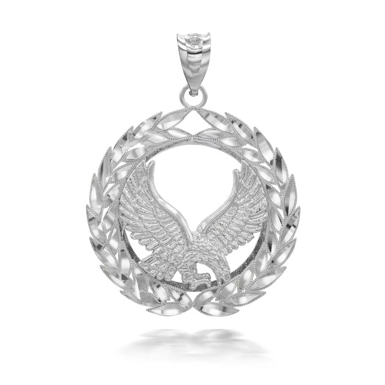 Sterling Silver Diamond Cut Eagle Laurel Wreath Milgrain Pendant Necklace