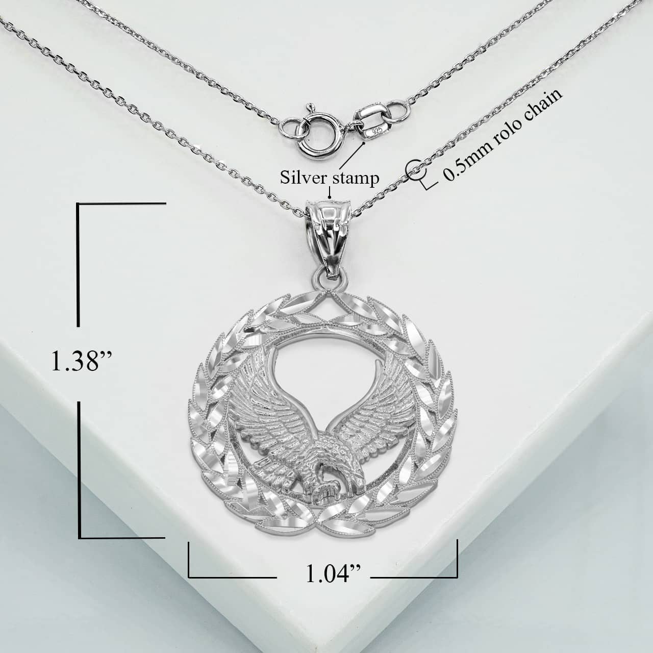 Sterling Silver Diamond Cut Eagle Laurel Wreath Milgrain Pendant Necklace, view 3