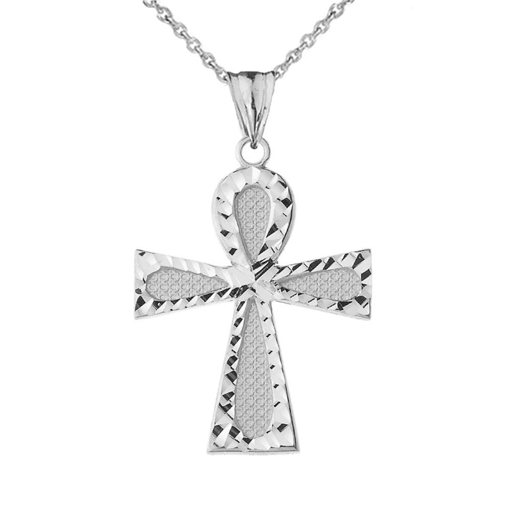 Sterling Silver Diamond Cut Egyptian Ankh Cross Textured Pendant Necklace