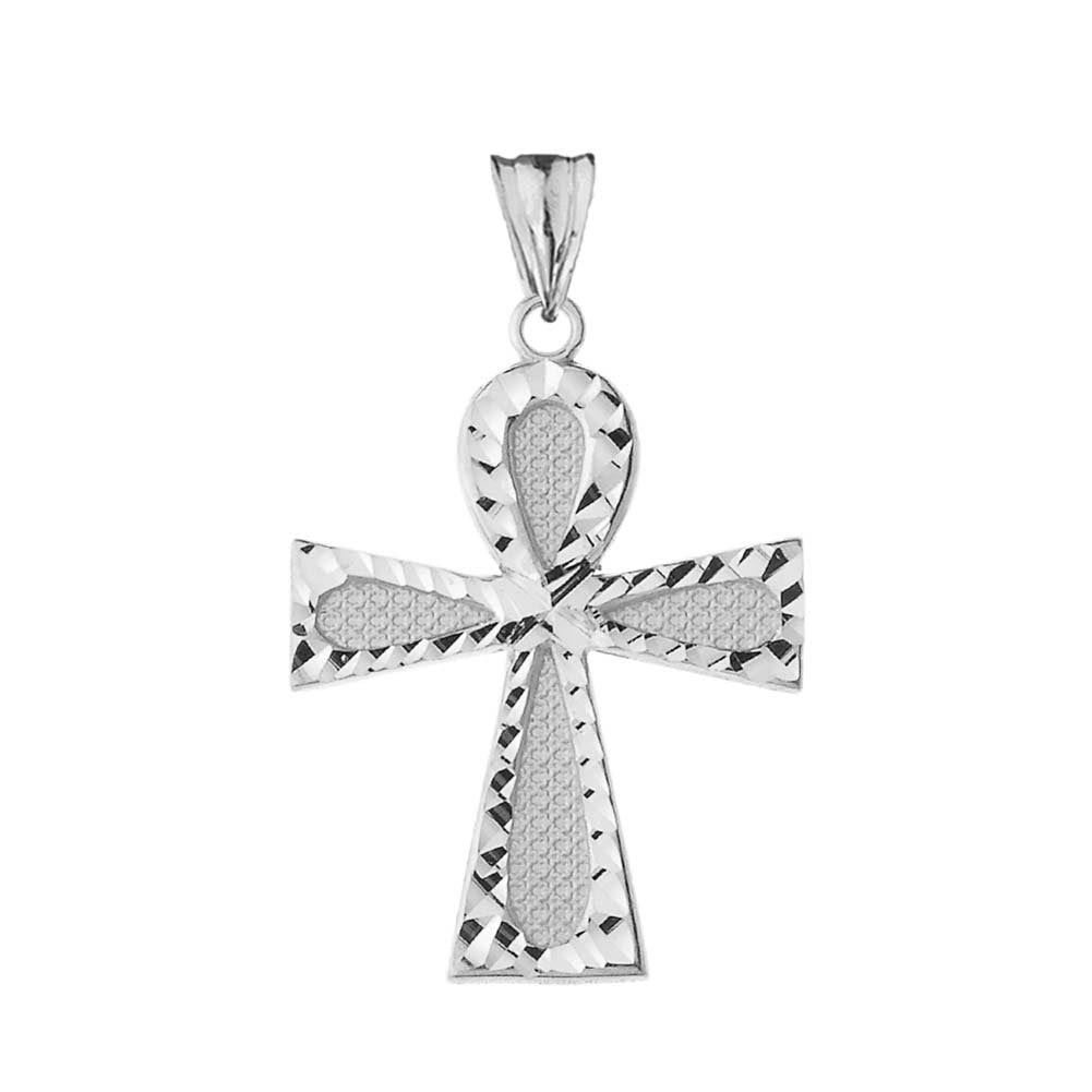 Sterling Silver Diamond Cut Egyptian Ankh Cross Textured Pendant Necklace, view 2
