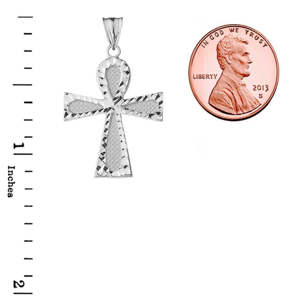Sterling Silver Diamond Cut Egyptian Ankh Cross Textured Pendant Necklace, view 3