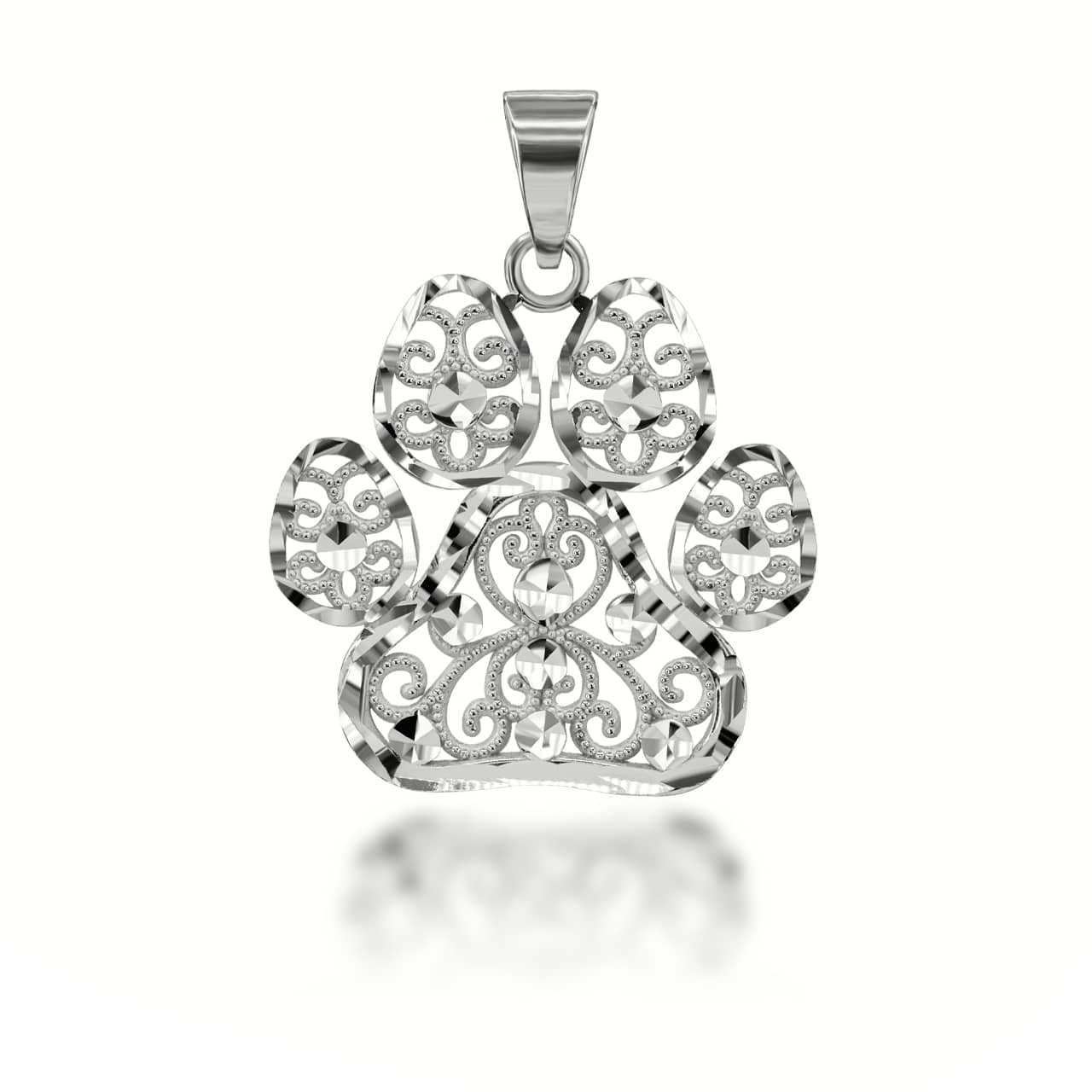 Sterling Silver Diamond Cut Filigree Pet Dog Paw Print Pendant Necklace