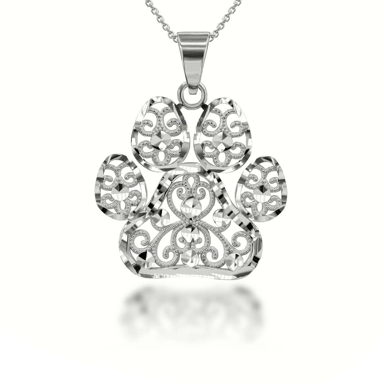 Sterling Silver Diamond Cut Filigree Pet Dog Paw Print Pendant Necklace, view 2