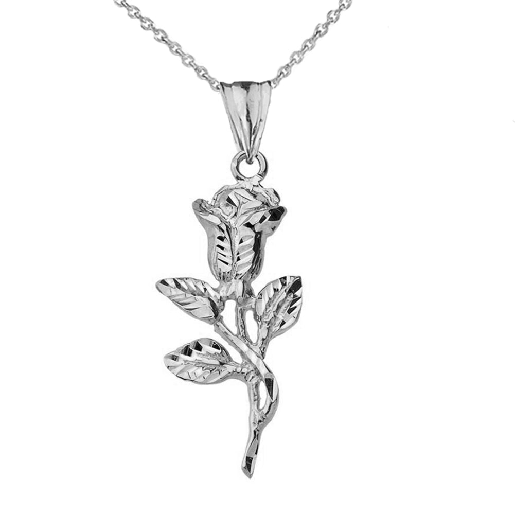 Sterling Silver Diamond Cut Flower Rose Pendant Necklace