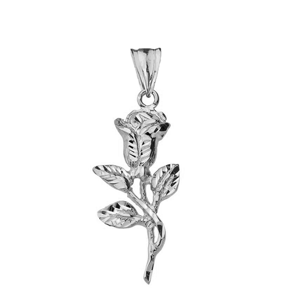 Sterling Silver Diamond Cut Flower Rose Pendant Necklace, view 2