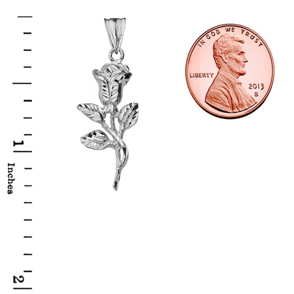 Sterling Silver Diamond Cut Flower Rose Pendant Necklace, view 3