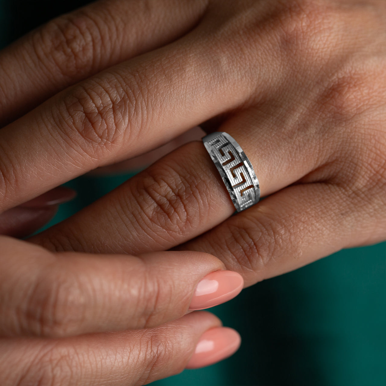 Sterling Silver Diamond Cut Greek Key Textured Ring, view 2