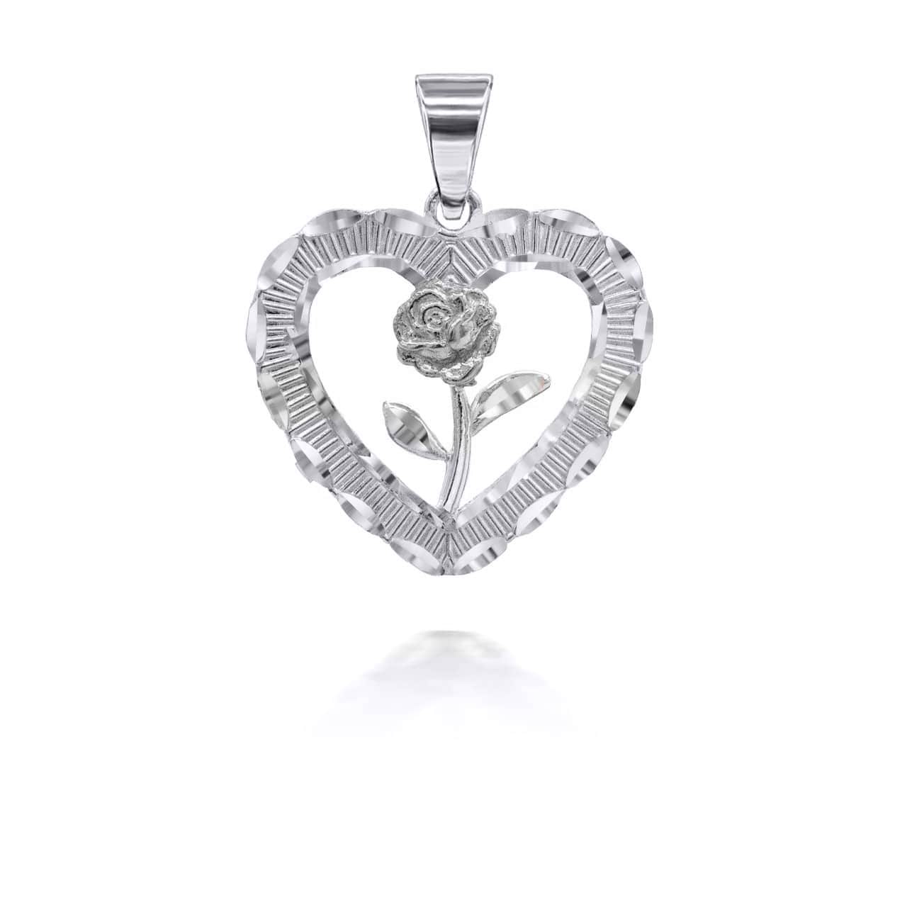 Sterling Silver Diamond Cut Heart Rose Flower Pendant Necklace