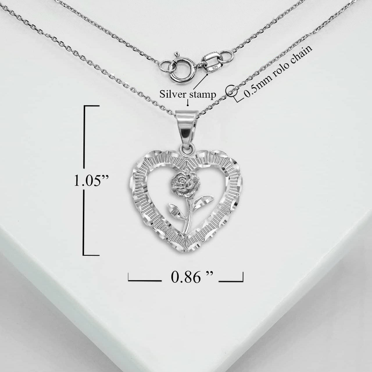 Sterling Silver Diamond Cut Heart Rose Flower Pendant Necklace, view 3