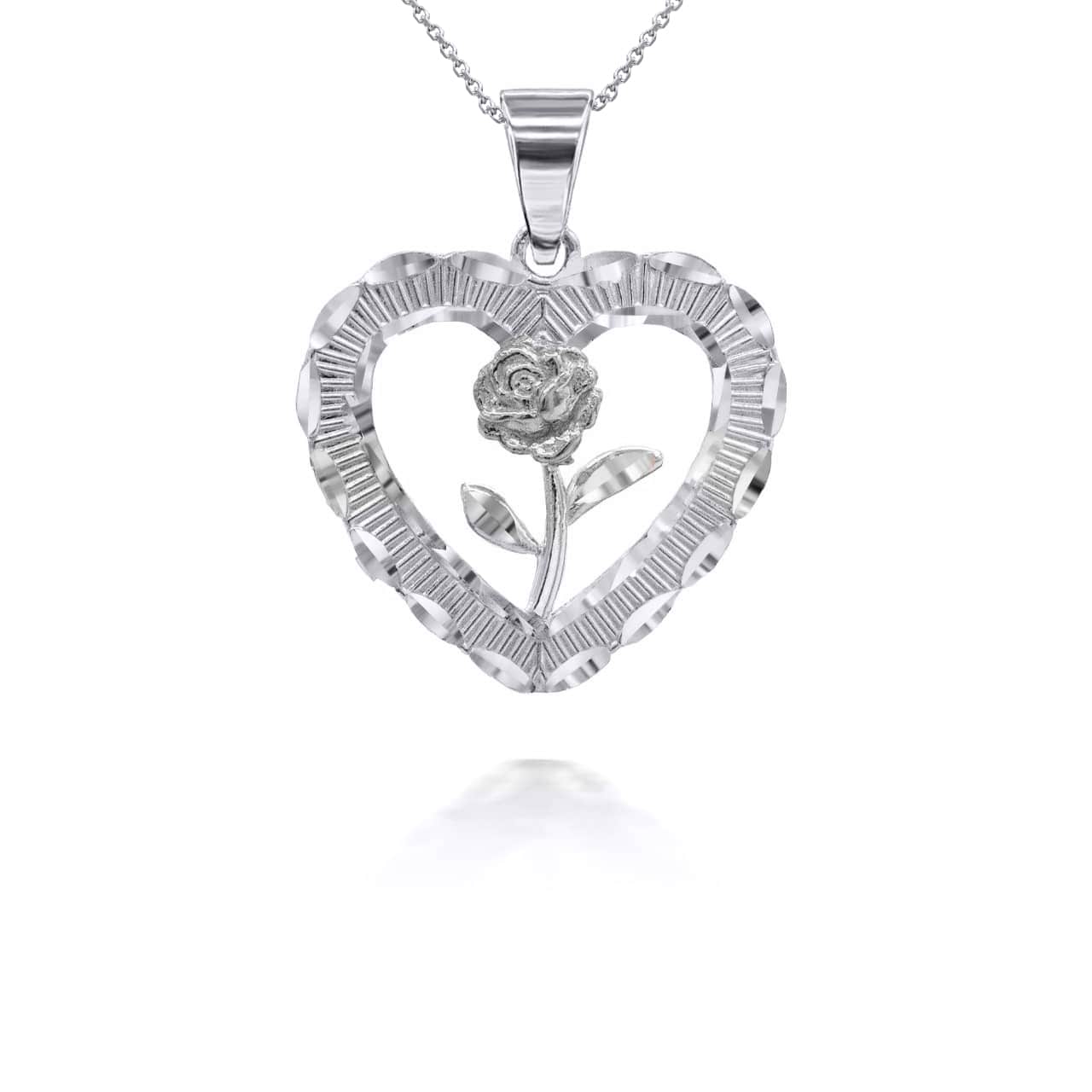 Sterling Silver Diamond Cut Heart Rose Flower Pendant Necklace, view 4