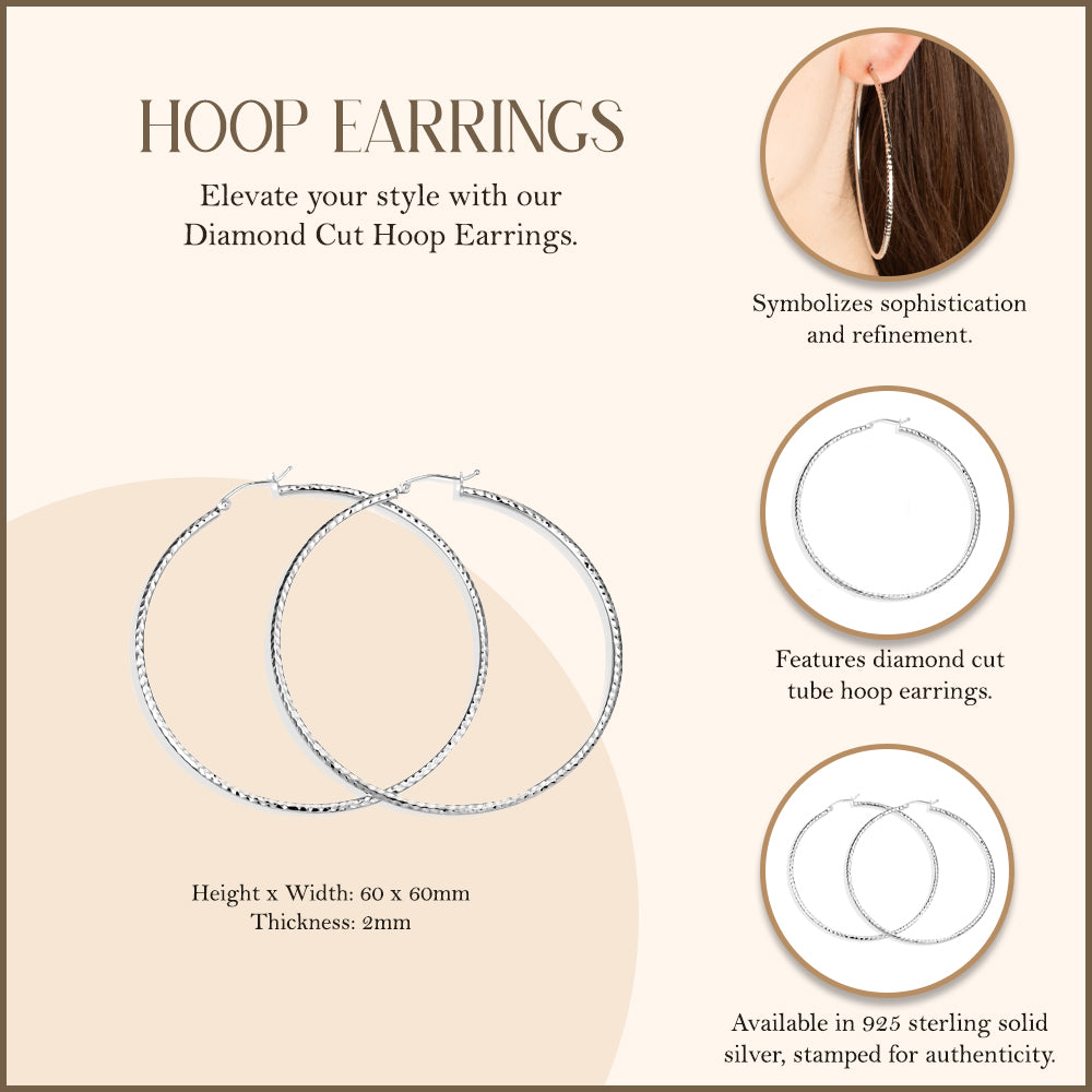 Sterling Silver Diamond Cut Hoop Earrings, view 3