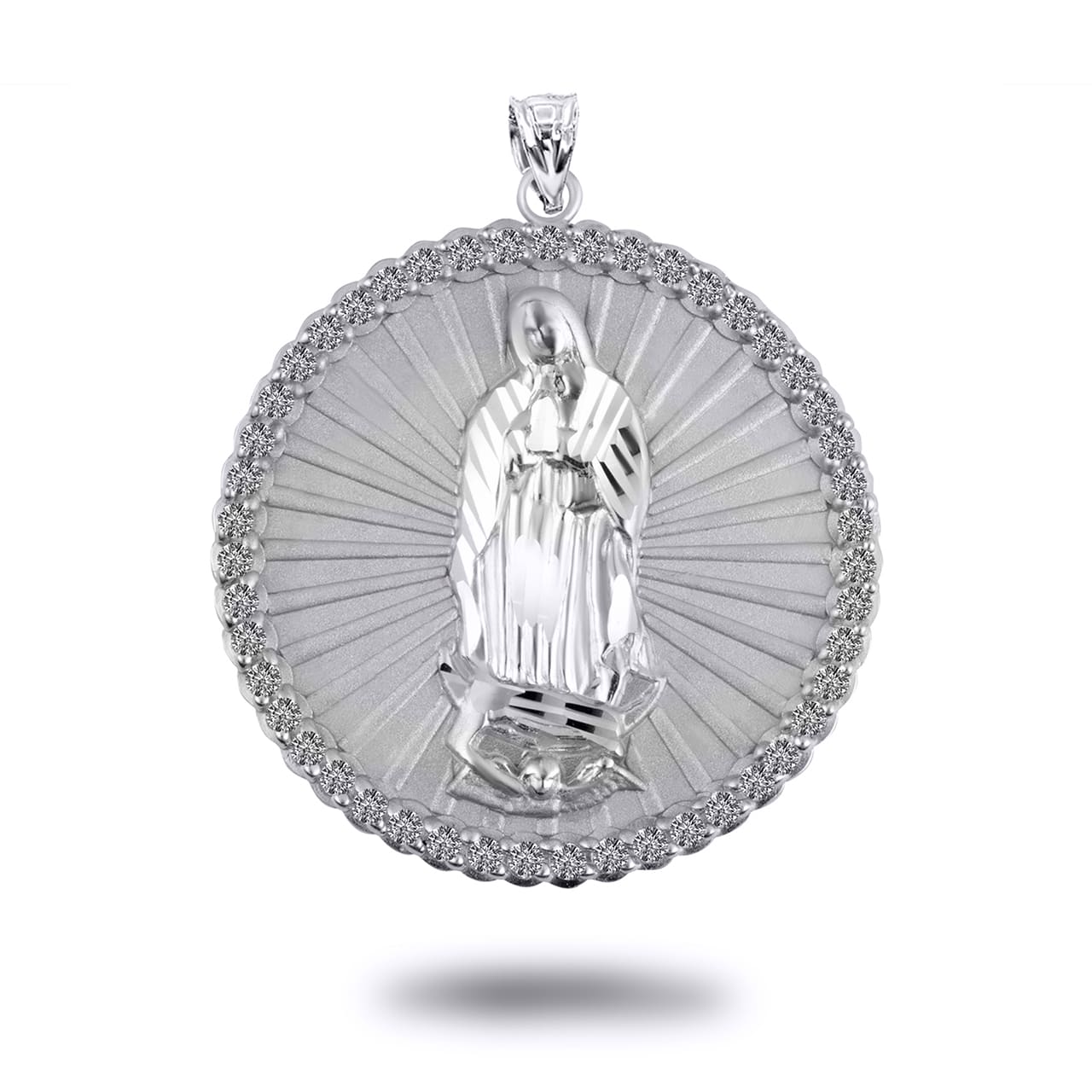 Sterling Silver Diamond Cut Lady Of Guadalupe Cubic Zirconia Halo Medallion Pendant Necklace
