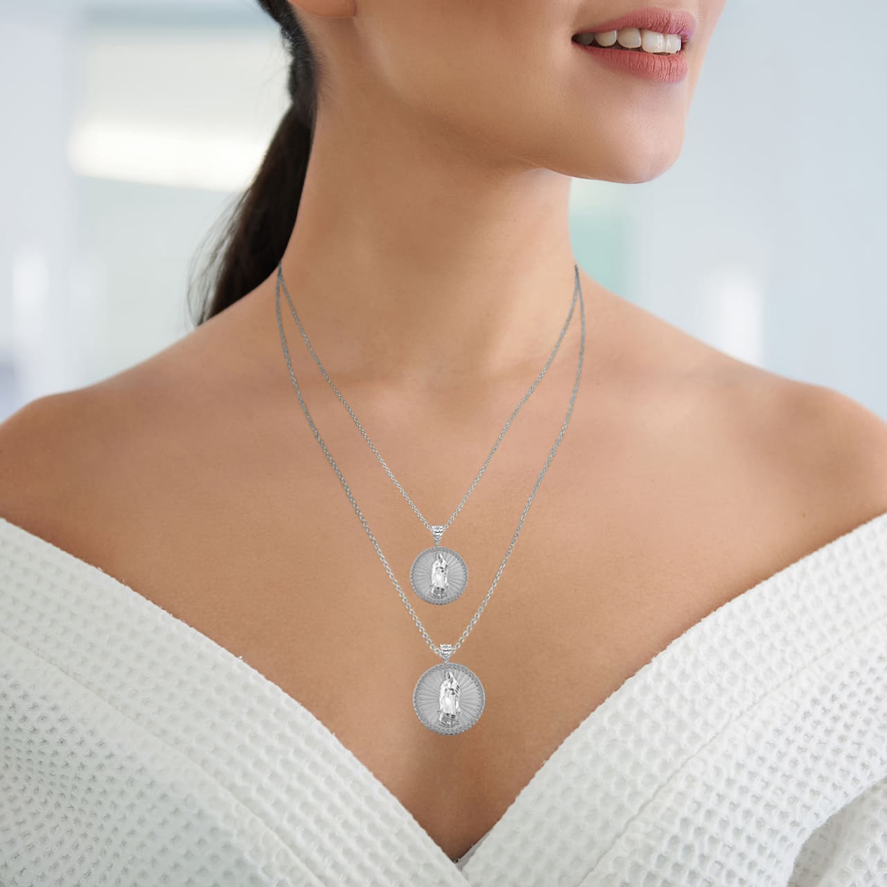 Sterling Silver Diamond Cut Lady Of Guadalupe Cubic Zirconia Halo Medallion Pendant Necklace, view 3