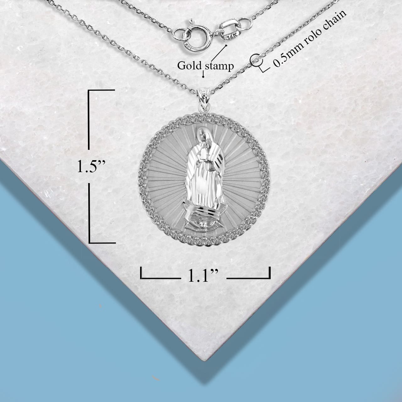 Sterling Silver Diamond Cut Lady Of Guadalupe Cubic Zirconia Halo Medallion Pendant Necklace, view 5