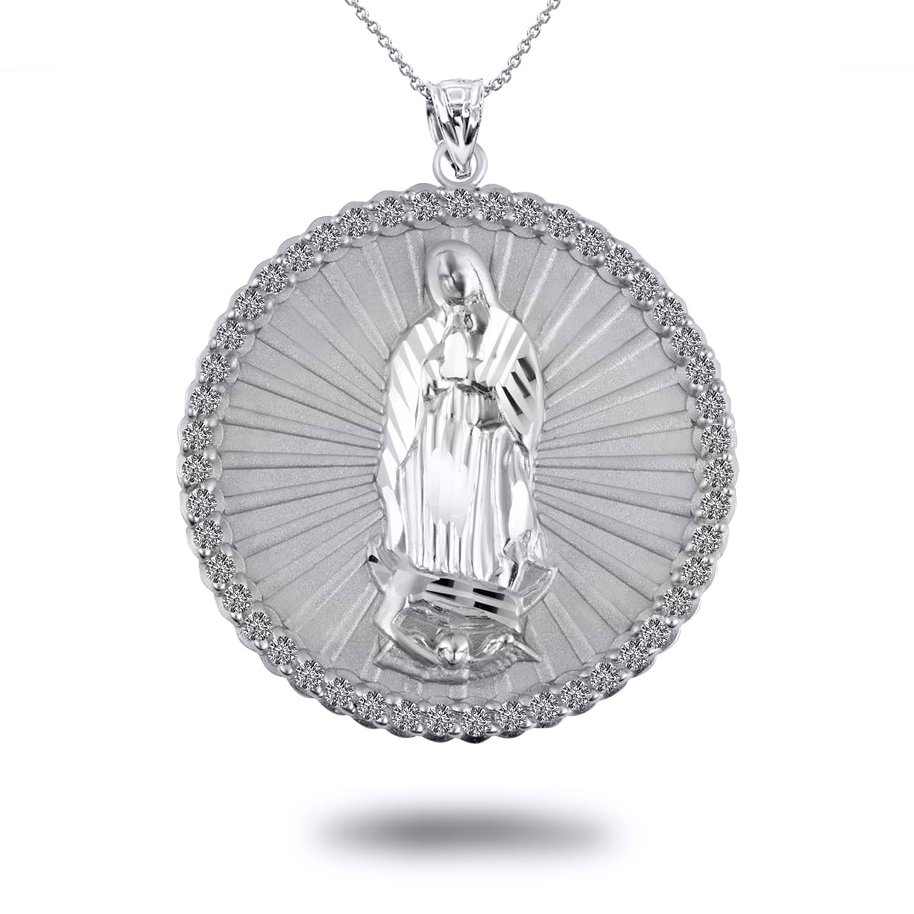 Sterling Silver Diamond Cut Lady Of Guadalupe Cubic Zirconia Halo Medallion Pendant Necklace, view 6