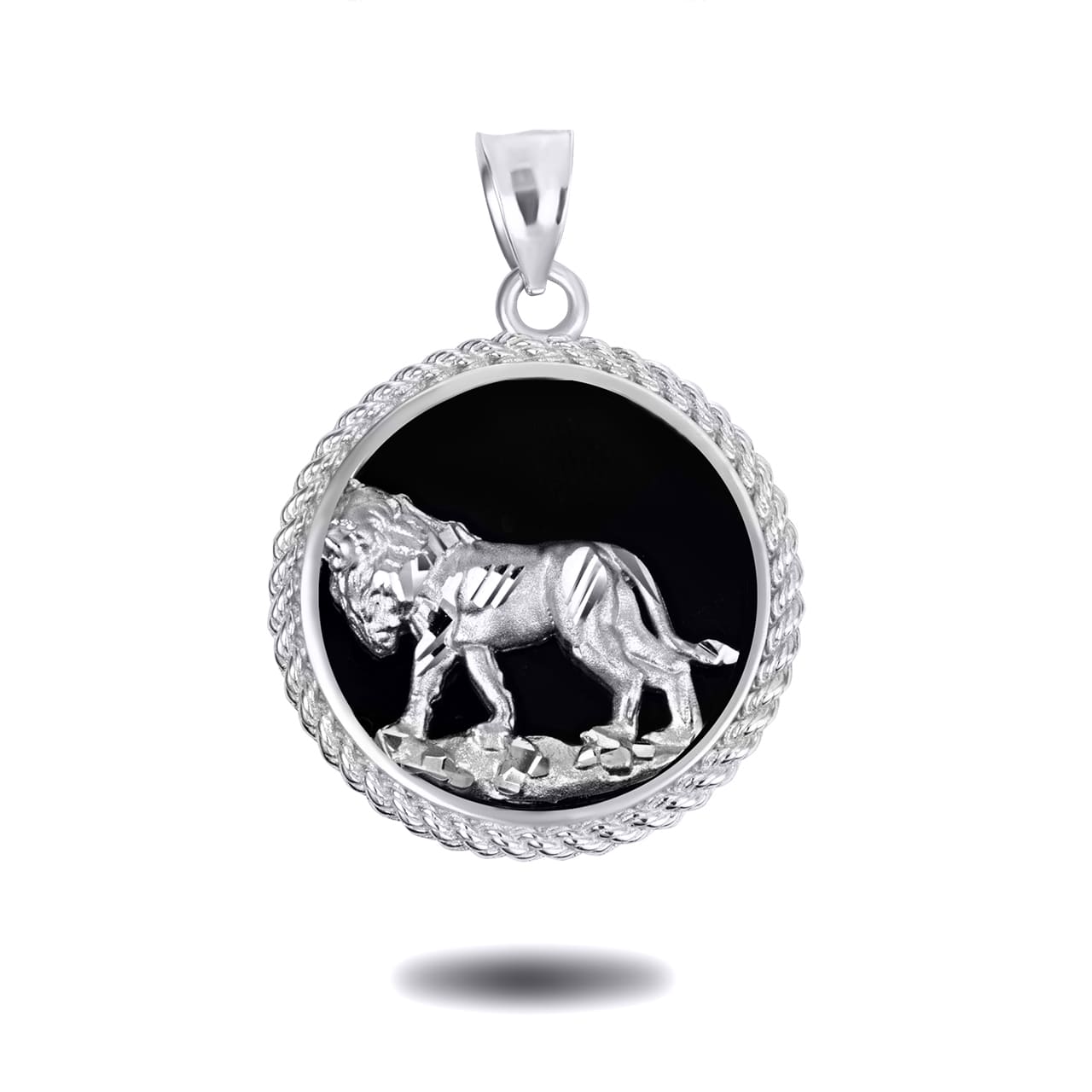 Sterling Silver Diamond Cut Lion Black Onyx Rope Medallion Pendant Necklace