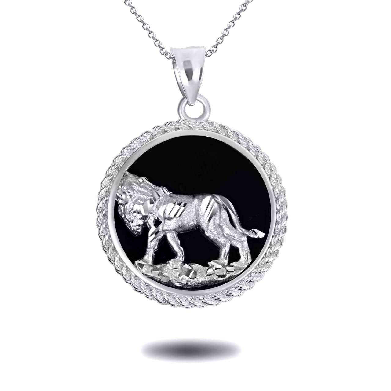 Sterling Silver Diamond Cut Lion Black Onyx Rope Medallion Pendant Necklace, view 4