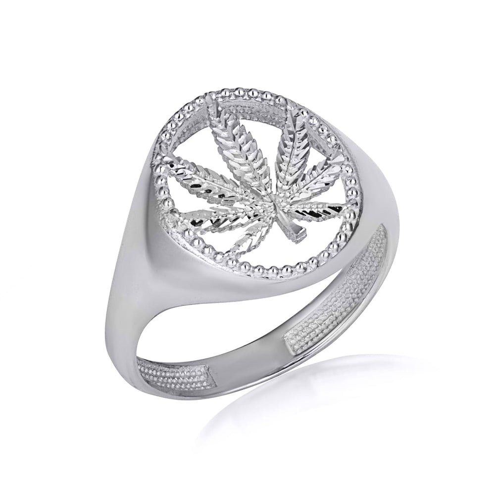 Sterling Silver Diamond Cut Marijuana Leaf Weed Textured Ring