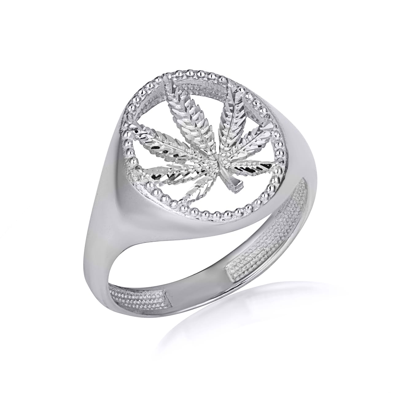 Sterling Silver Diamond Cut Marijuana Leaf Weed Textured Ring