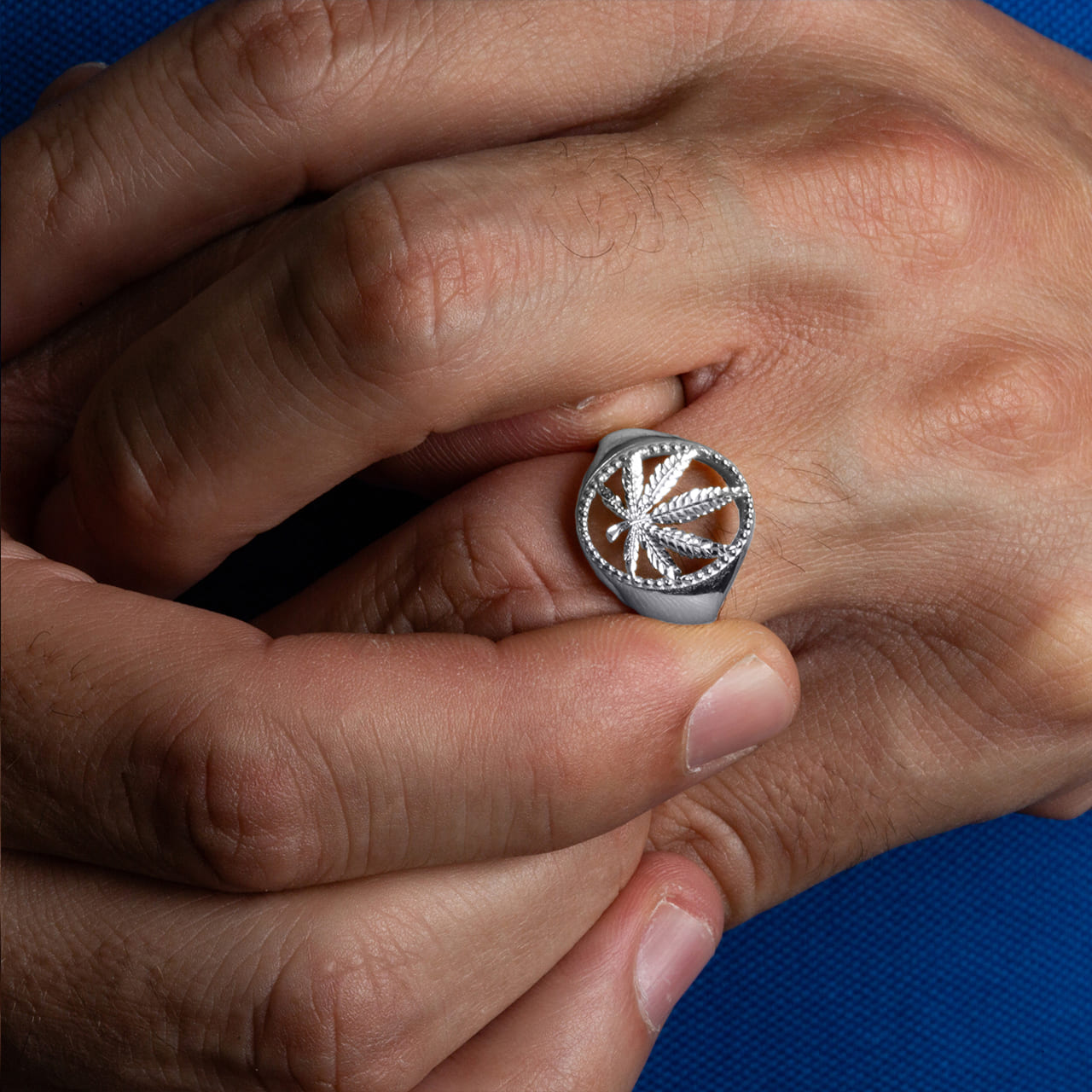 Sterling Silver Diamond Cut Marijuana Leaf Weed Textured Ring, view 2
