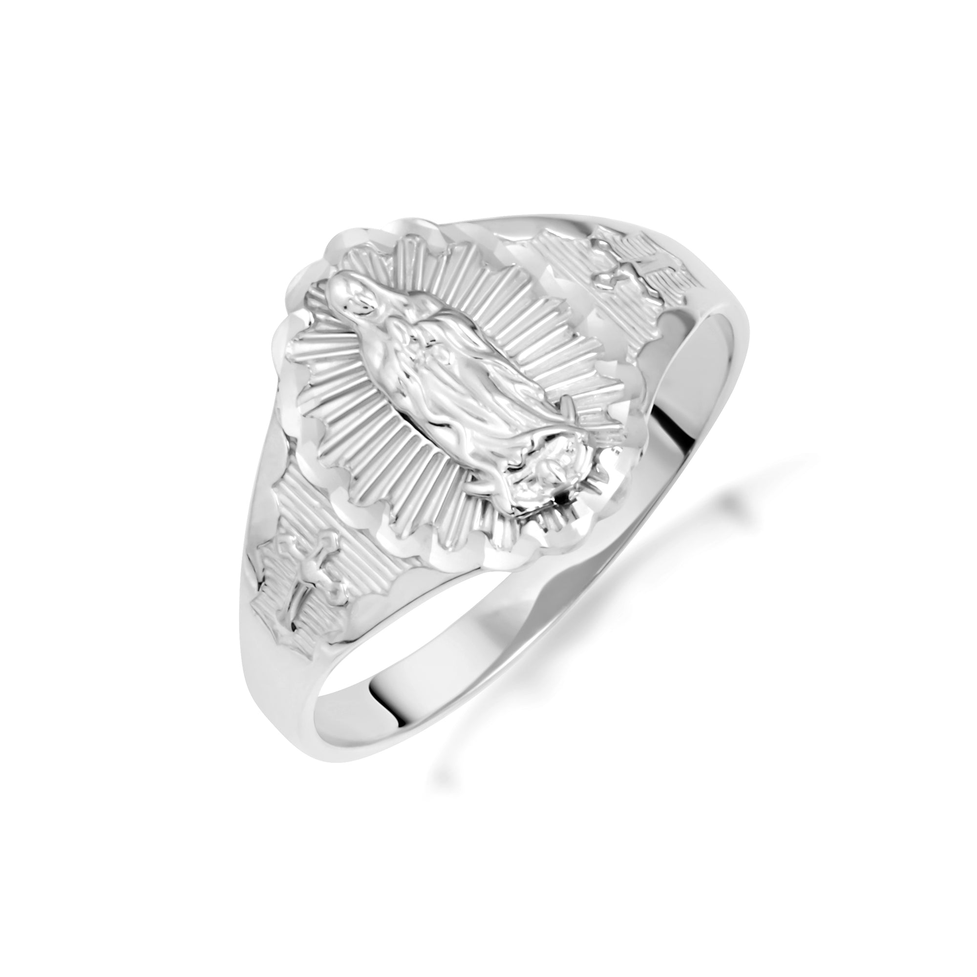 Sterling Silver Diamond Cut Our Lady of Guadalupe Cross Oval Signet Ring