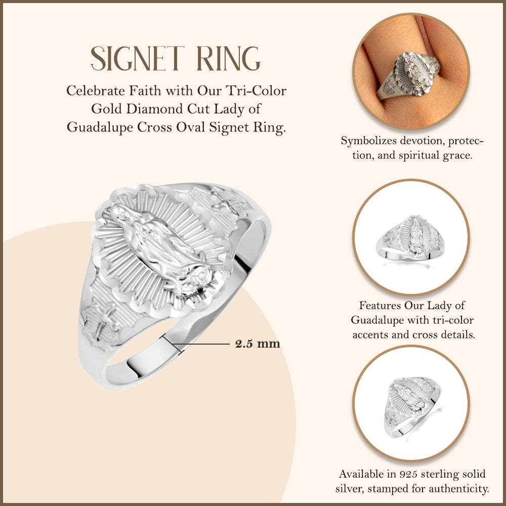 Sterling Silver Diamond Cut Our Lady of Guadalupe Cross Oval Signet Ring, view 3