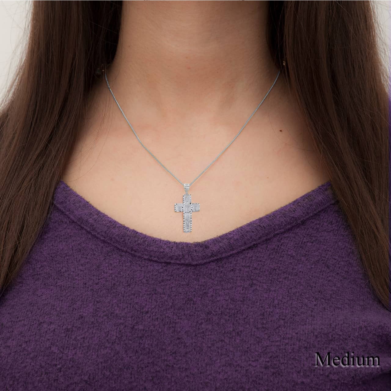 Sterling Silver Diamond Cut Patron Saint Beaded Cross Pendant Necklace, view 2