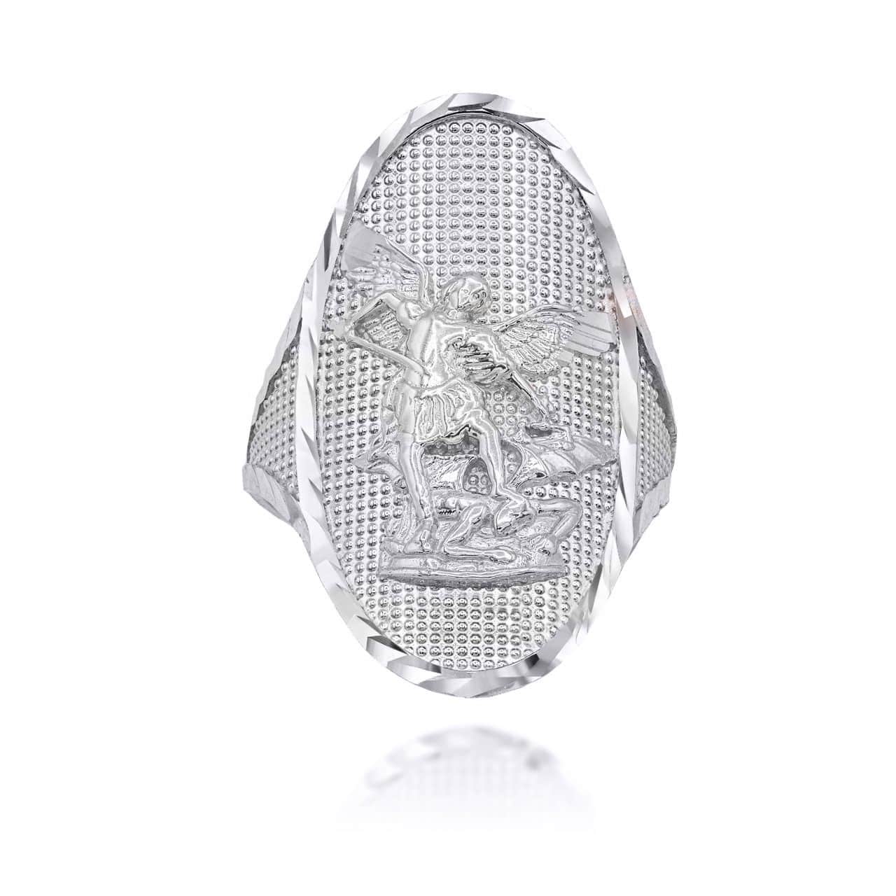 Sterling Silver Diamond Cut Patron Saint Michael Archangel Beaded Oval Signet Ring