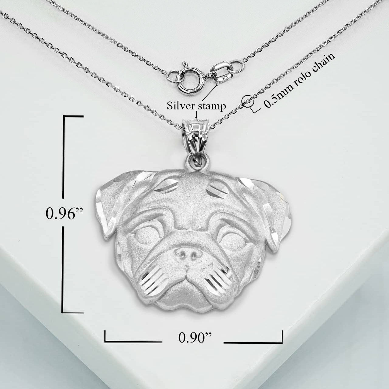 Sterling Silver Diamond Cut Pug Pet Dog Pendant Necklace, view 3